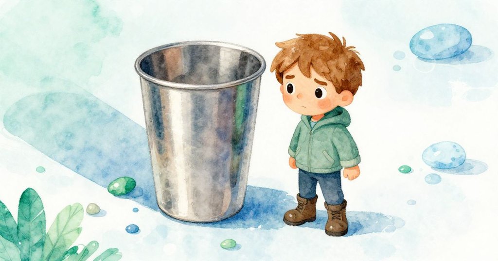 Ian將不銹鋼杯穩穩立於冰面中央,旁邊散落著彩色小石子,展現出充滿象徵意義的動作。