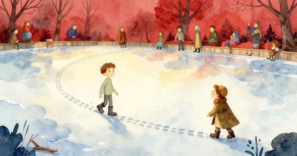 Ian的靴子在冰面上滑動撞上枯葉和樹枝,透過扭曲視角展現出一絲驚訝與緊張的瞬間。