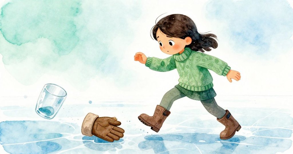 Holly穿著靴子小心踏上堅實冰面,靠近滾動手套與移動的金屬杯,表情中充滿堅定與專注。