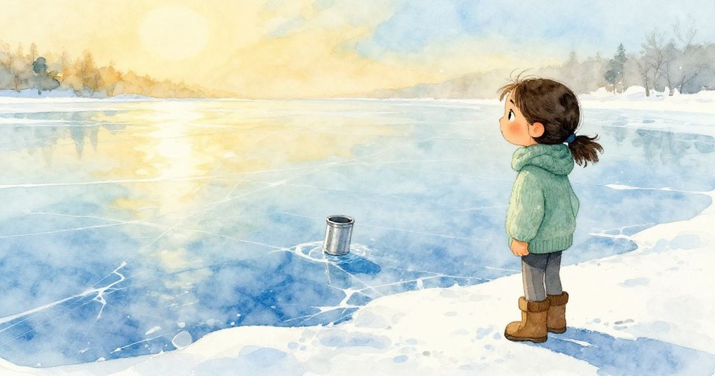 Holly站在冰面邊緣凝視著緩慢滑行的金屬杯與冰裂痕,場景充滿思索與微妙未卜的氣息。