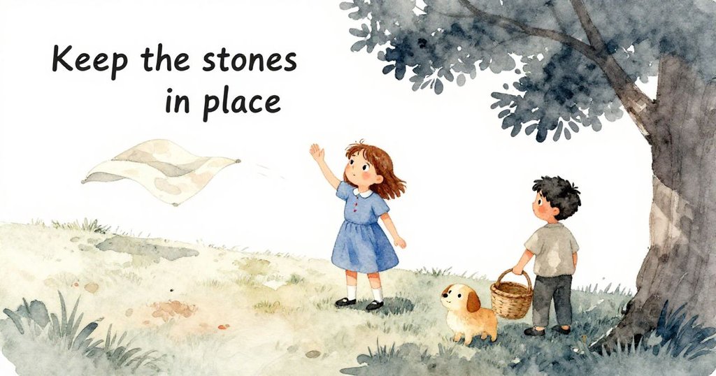 科蕾特在山坡上大聲喊話，格蘭特穩住藤籃，狗狗在旁陪伴，淡布隨風飄動，樹影分割溫暖與涼意。