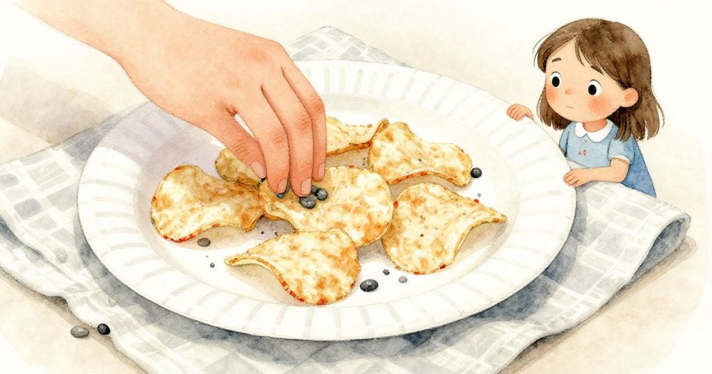 科蕾特小心地調整紙盤，手中放置小石頭固定蓬鬆布面，近距離特寫展示脆薯片與布料的細膩紋理，神情專注。