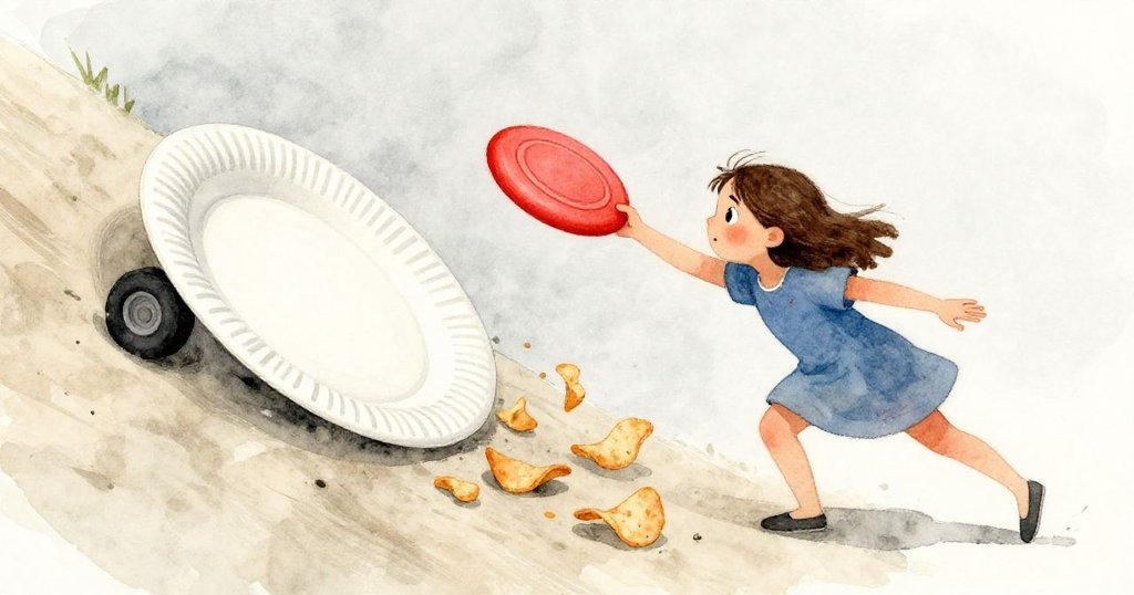 科蕾特急忙用亮色飛盤阻止紙盤下滑，薯片像小輪子般滾動，畫面扭曲顯示風勢猛烈，動感十足。