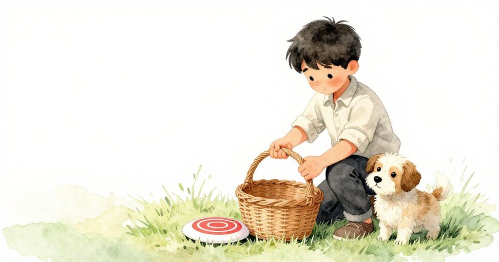 格蘭特穩住藤籃，狗狗俏皮地靠在他腿上，飛盤穩固紙盤，綠草和自然光映襯出戶外溫馨場景。