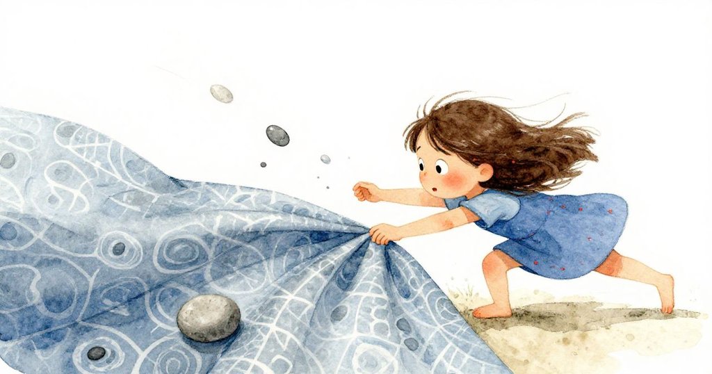 科蕾特緊張地跨越藍色格子布面，伸手取最後一粒小石頭，臉上滿是決心，背景中風勢猛烈掀起布料。