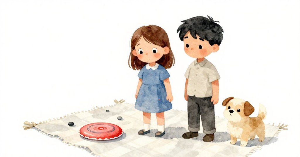 科蕾特與格蘭特面帶安心笑容，共同守護穩固的紙盤和布面，狗狗溫順陪伴，風停後緊張氣氛隨之化解。