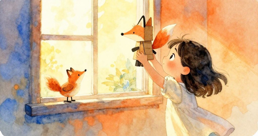 Wren站在溫暖房間的窗邊，舉著紙板狐狸迎向透進金色陽光的窗戶，臉上充滿好奇和期待。
