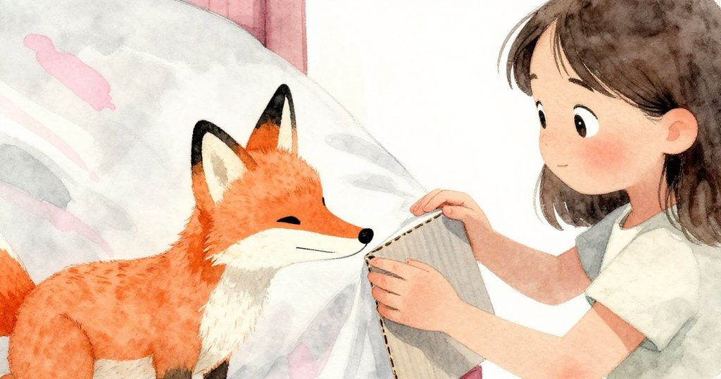 Wren細心觀察紙板狐狸銳利的邊緣及床單上淡淡的清潔劑痕跡，手勢輕柔且充滿專注。