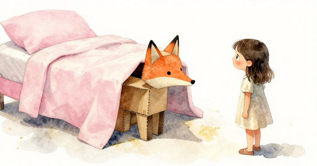 Wren凝視著床單折角處形成的分裂陰影，紙板狐狸與光影交織出奇妙變形，臉上流露驚喜。