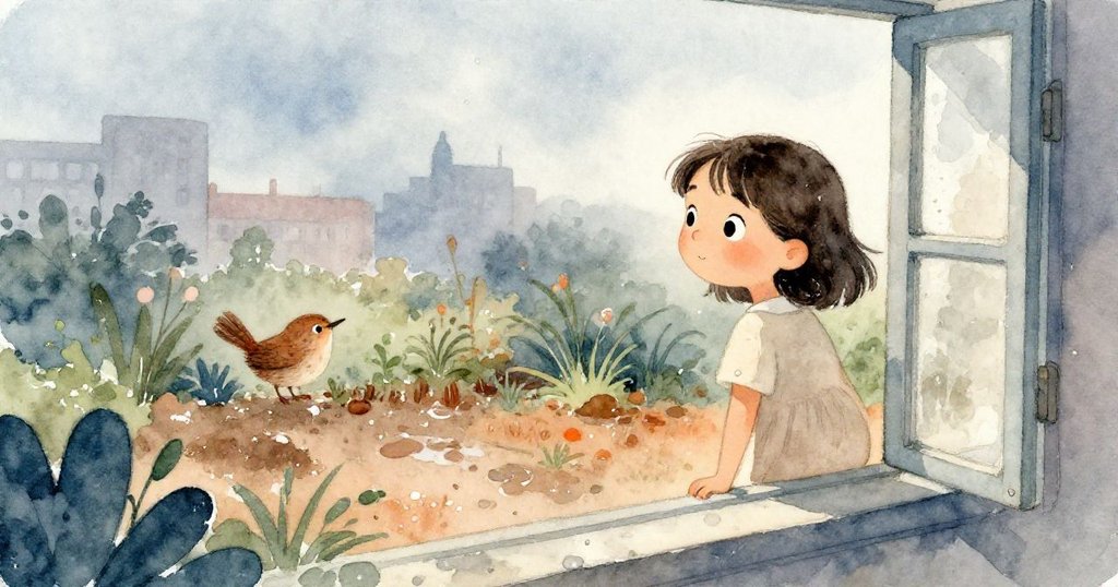 Wren透過打開的窗戶望向濕潤泥土與多雲天氣的花園，微風輕拂，臉上帶著沉思，室內外氛圍柔和。