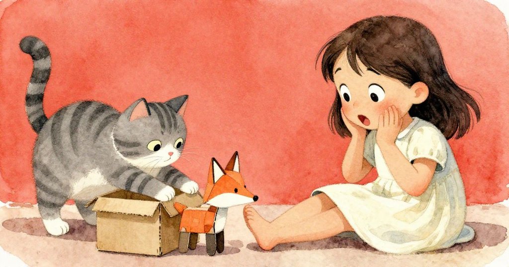 貓咪伸出爪子輕推鞋盒，紙板狐狸滑向Wren腳踝，她驚訝中迅速伸手接住，動作緊張精彩。