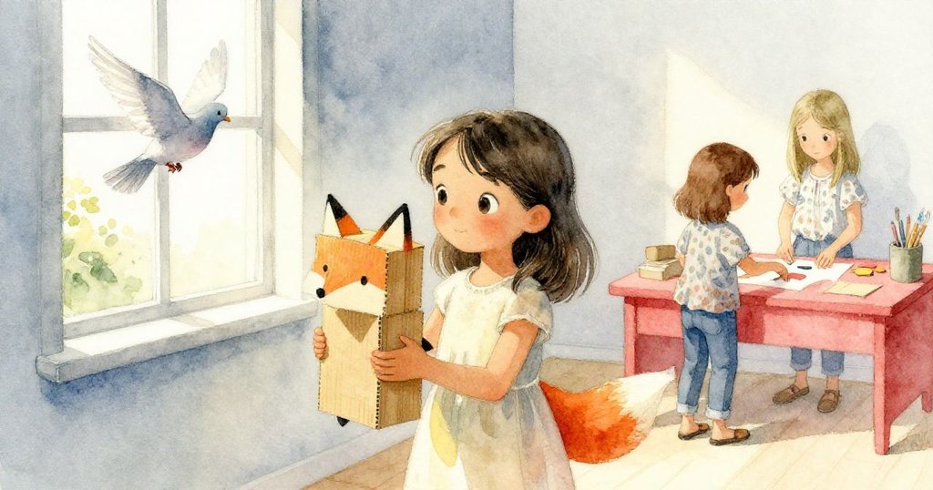 Wren平靜握著紙板狐狸，窗外鴿子掠過，Adele在桌旁剪出新形狀，室內溫暖創意氛圍持續延伸。