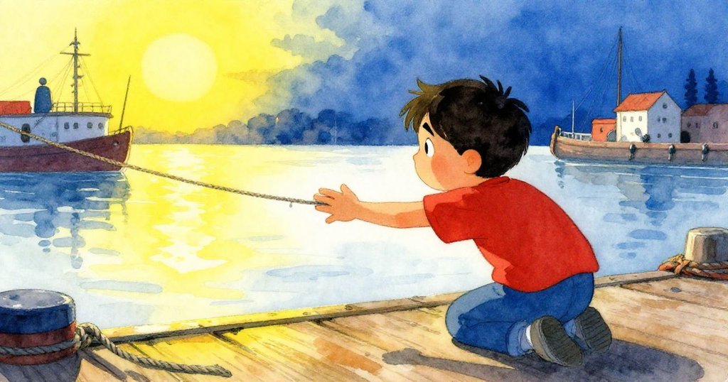 Cyrus在晨光下於港口觸摸滑膩的繩索,背景顯示忙碌碼頭與溫暖光線,臉上流露好奇和堅定。