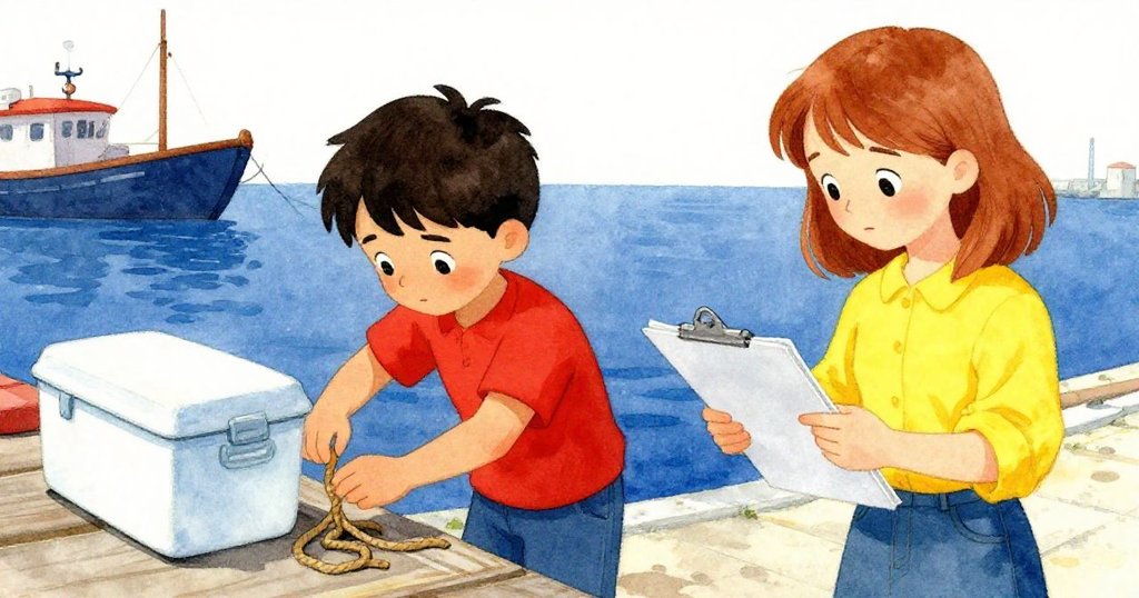 June在港口更新剪貼簿,Cyrus仔細比較油膩繩索與光滑冰箱蓋,畫面呈現細膩對比,充滿探索精神。