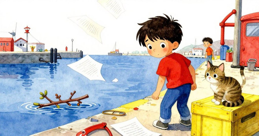 碼頭上,一隻貓咪注視隨水漂流的枯枝,紙張隨風飛舞,Cyrus忙於工作,整體景象充滿生動與活力。