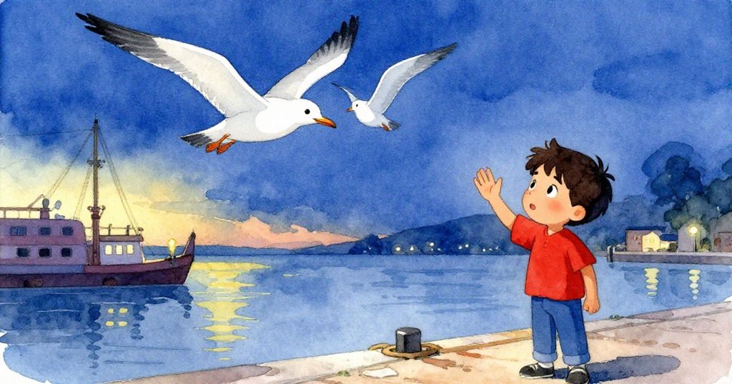 Cyrus在寧靜碼頭上微笑揮手告別,海鷗翱翔藍天,黃昏光影中展現一天忙碌後的平和情懷。