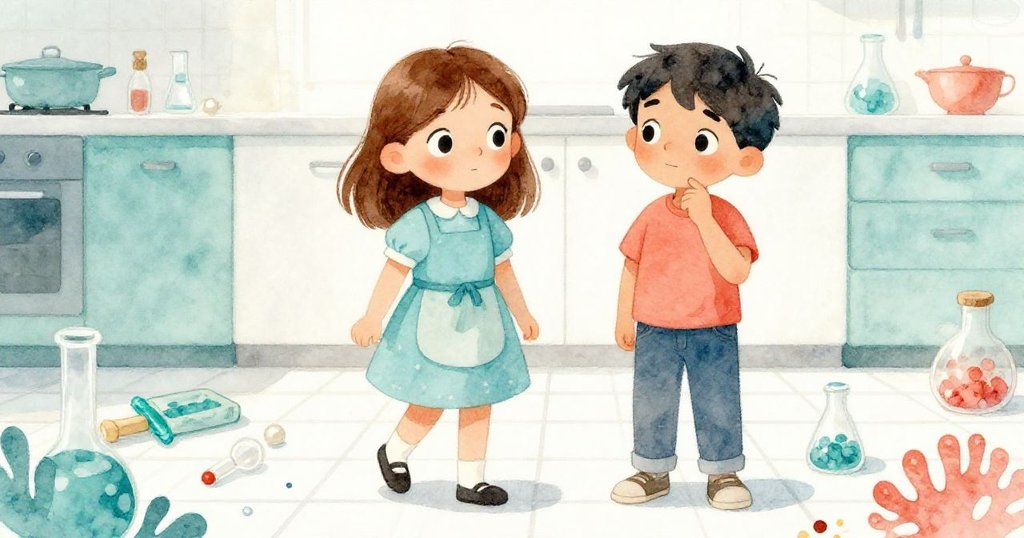 希望與格蘭特在廚房小心前進，特寫他們的腳步與下半身動作，現場充滿了實驗器具，氣氛平靜專注。