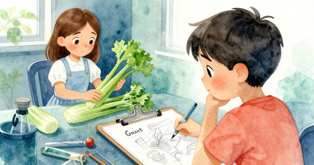 格蘭特從背後專注繪製桌上實驗細節，畫板上展現線條精緻，背景中希望正細心操作芹菜，氣氛自然溫和。