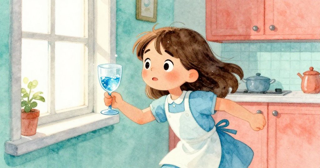 希望急速移動至窗邊，手捧藍色玻璃，窗光閃爍映出決心與期待，廚房背景溫暖明亮。