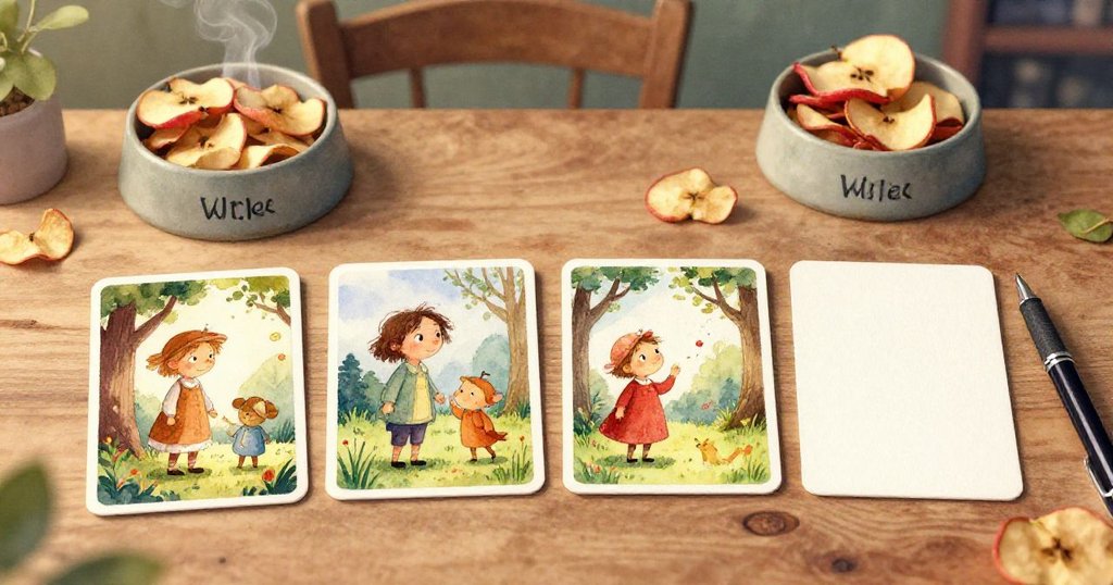 從高角度俯視桌面，筆滾動、水瓶傾斜與回形針漂移落於卡片上，展現細膩動態與意外瞬間。