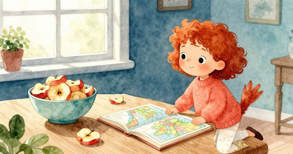 室內桌面呈現秋季氣息，溫暖陽光照進窗外，蘋果零食與參考地圖細膩傳達季節與學習情懷。