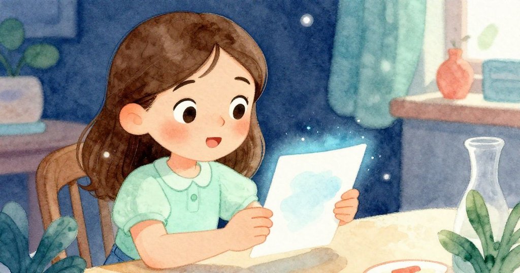 凱拉近景注視帶藍暈的索引卡，臉上展現好奇與堅定，細膩描繪發現瞬間的情感變化。