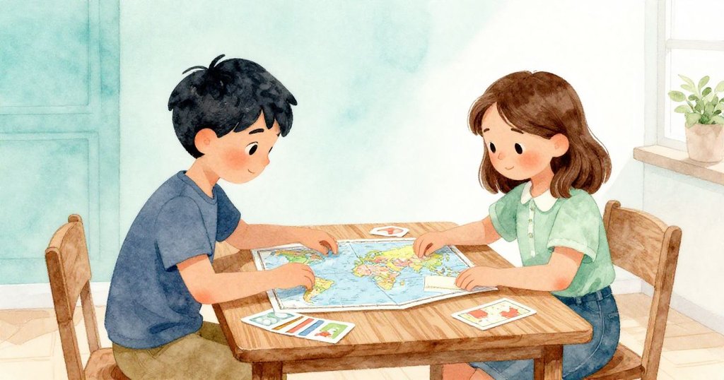 帕爾默與凱拉在桌前合力整理學習用品，使用地圖穩住水瓶並壓平濕卡，營造平靜協調的收尾場景。