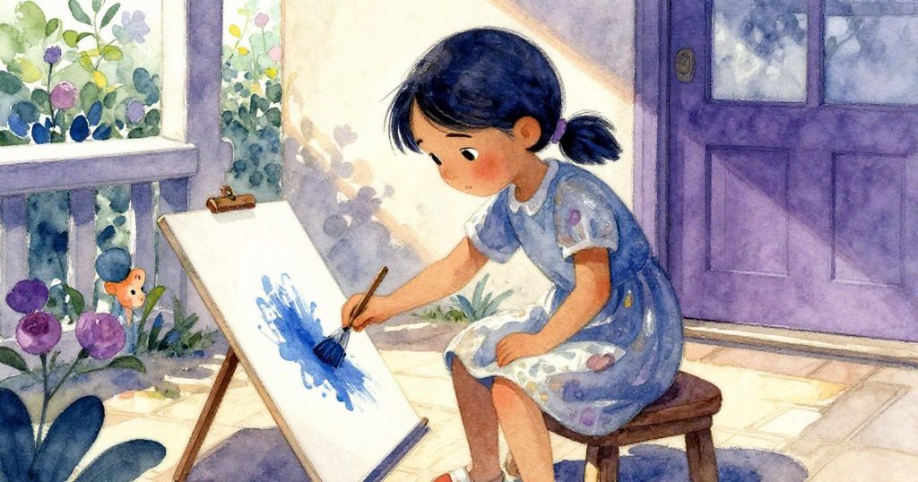 Viola彎腰於低矮門廊，仔細用筆揮灑藍色顏料於濕紙上，陽光溫暖映照她專注的神情，展開創作序幕。