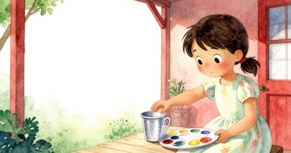 Viola伸手取調色板時，手肘輕碰旁邊的塑膠沖杯，空白背景增添張力，她的表情流露出驚訝與憂慮。