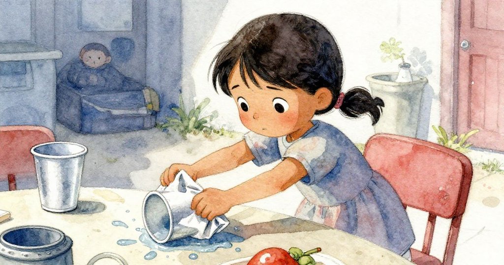 Viola快速用摺好的抹布穩住傾斜的杯子，手部細節清晰呈現，專注與敏捷保護著濕漉漉的畫面。