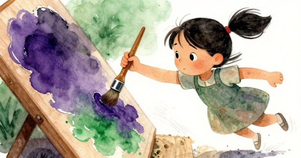 Viola動作迅速，將沾滿顏料的畫筆猛然按回濕潤的畫面中，活動中充滿了堅毅與活力的午後情景。