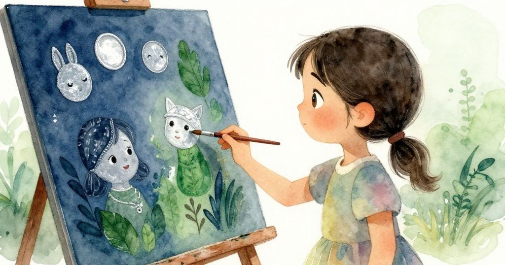 Viola面露平靜欣慰之情，輕握畫筆凝視和諧的新作，門廊與自然背景柔和映襯出創作成功的瞬間。