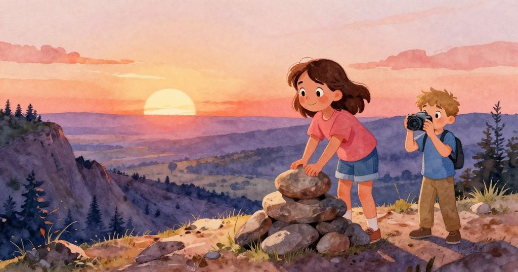 Rosa在夕陽下忙於堆石,Seth在山坡上拍攝廣闊山谷,呈現溫暖自然與探索喜悅的氛圍。