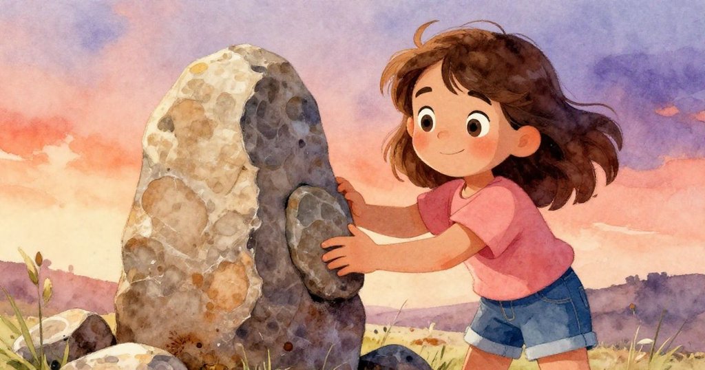 Rosa小心翼翼地將有歷史痕跡的橙灰石頭放在石塔上,手上沾滿棕色灰塵,展現溫柔與細膩的動作。