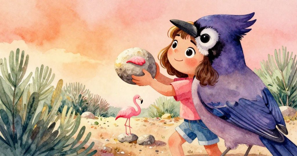 從一隻麻雀視角看,Rosa在陽光下舉起帶粉紅縫線的石頭,麻雀棲息在灌木中,展現自然觀察與細緻互動。