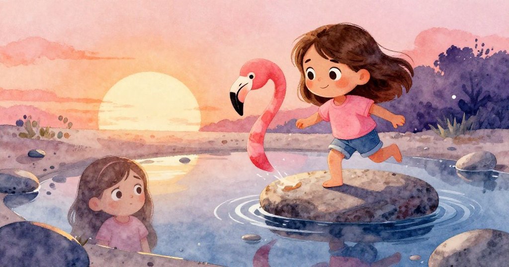 在淺水倒影中,帶粉紅條紋的石頭滾動下坡,Rosa焦急注視水面映出她的身影,展現冒險中的細膩情感。