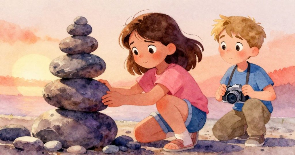 Rosa蹲下細心調整石塔中間的支撐石,臉上流露堅定神情,周圍石子散落,Seth在背景靜靜注視。