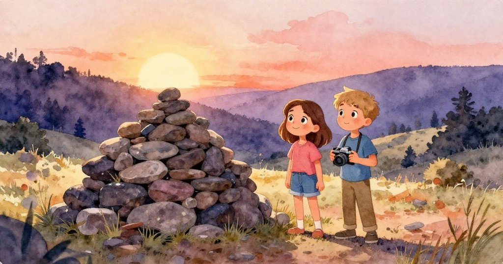 在黃昏余暉中,Rosa與Seth並肩欣賞穩固石塔,整個山谷沐浴在溫暖光芒中,展現平靜滿足的結局。