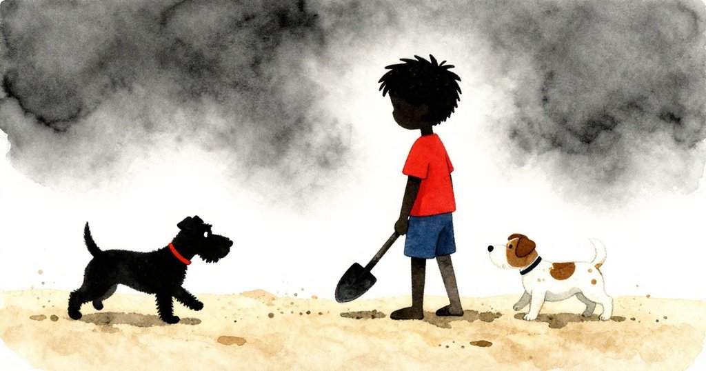 Wren在明亮沙坑邊以剪影呈現，手持塑膠鏟，遠方隱約見到活潑小狗，氣氛充滿神秘與期待。