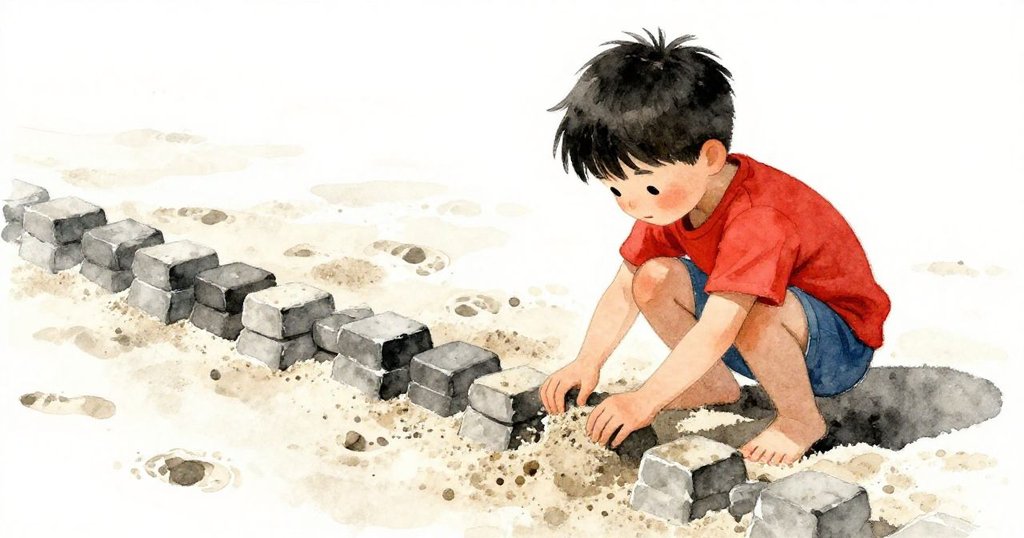 Wren用塑膠鏟在沙坑建造低沙牆，腳步和手在沙中互動，散落的足跡暗示小狗經過，充滿動感與細節。