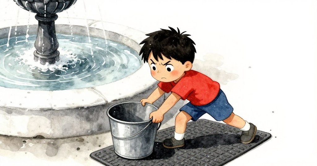 高角度展示Wren在橡膠墊上推桶，桶因濕金屬按鈕滑動，他專注努力，環境包含小噴泉與細膩光影。