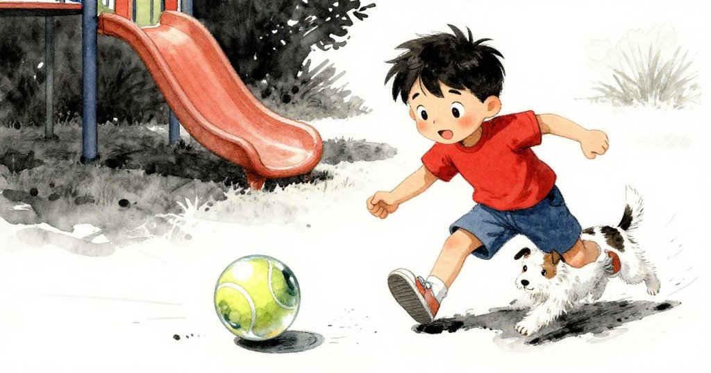 活力四射小狗追逐滾動的網球，玻璃彈珠剛離水桶，動感軌跡展現冒險熱情，場景充滿運動與驚喜。