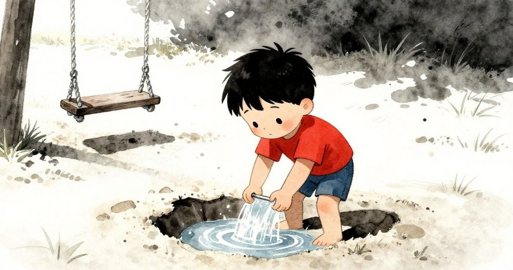 Wren滿懷決心在沙坑填水固沙，前方開闊，背景盪著秋千，陽光灑落，象徵挑戰後的平靜與希望。