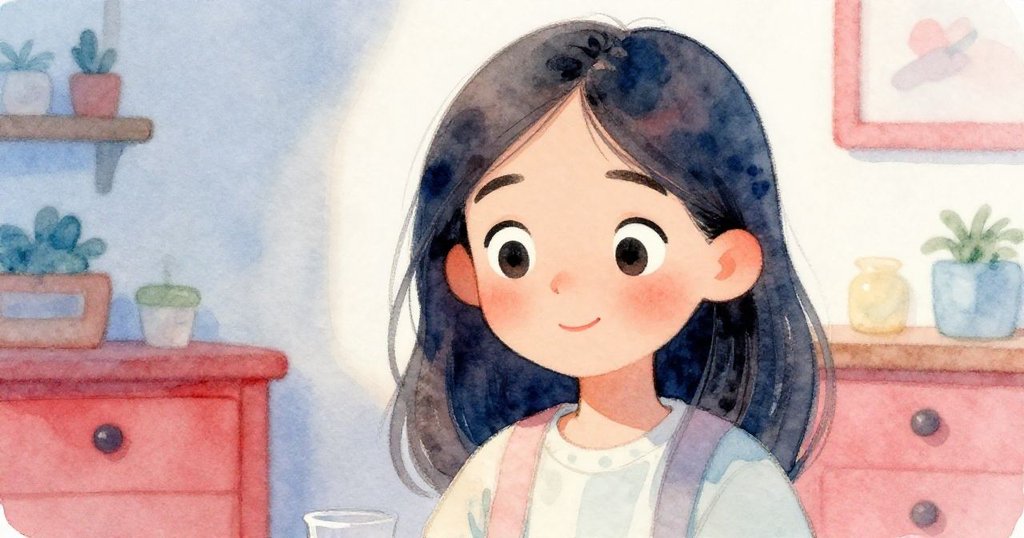 Blythe專注注視著籃子中突然動作，眼中流露驚奇與期待，室內背景柔和。