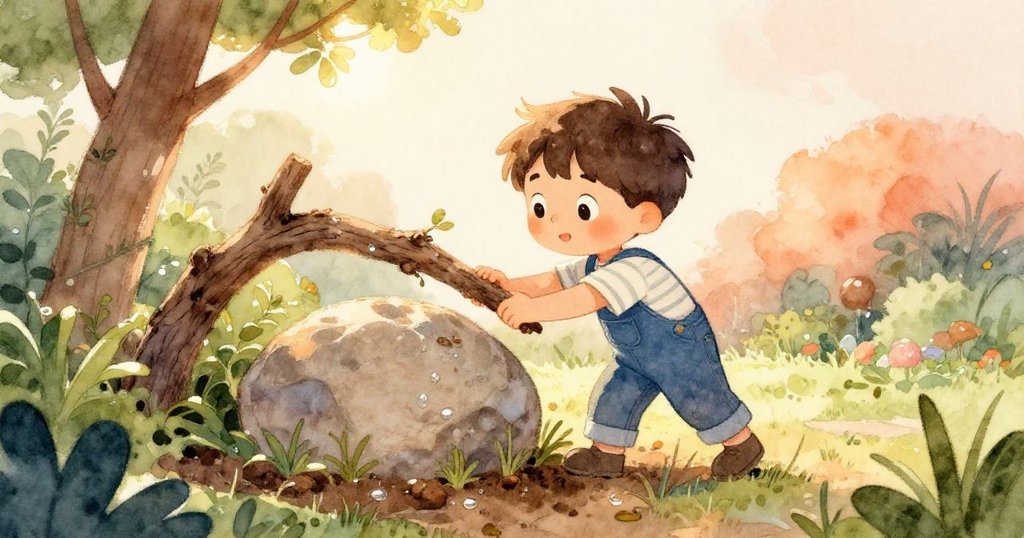 班恩在柔和晨光中,用樹枝推動圓石,露水閃爍於花園中,畫面充滿溫暖希望與生機。