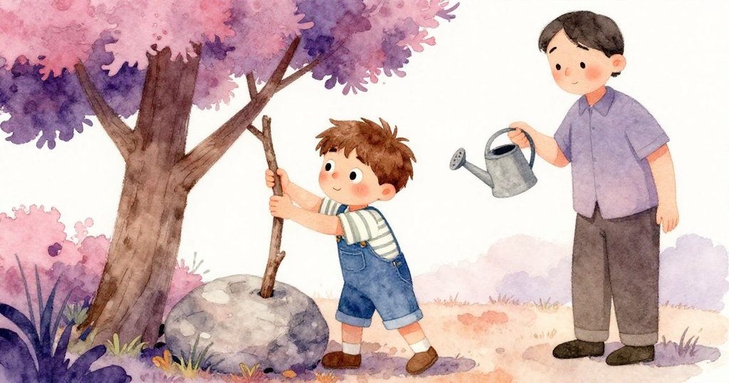 班恩努力施壓樹枝,堅硬石頭與柔性枝條形成對比,旁邊大人持灑水壺專注灌溉,展現花園中的和諧。