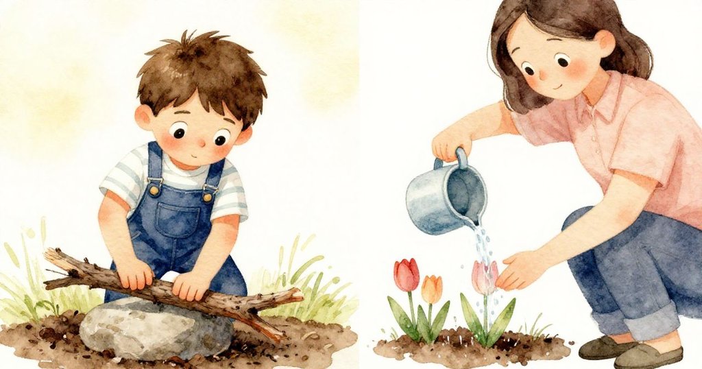 班恩堅定按壓樹枝的一刻與大人輕柔灌溉鬱金香的瞬間分割呈現,自然細節豐富且充滿溫馨。