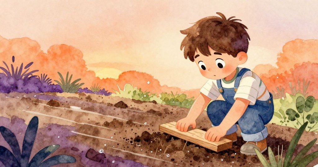 班恩在晨光中觀察泥土變化,細心刮除多餘泥土並選取更寬木板,展示自然轉換與堅持的瞬間。