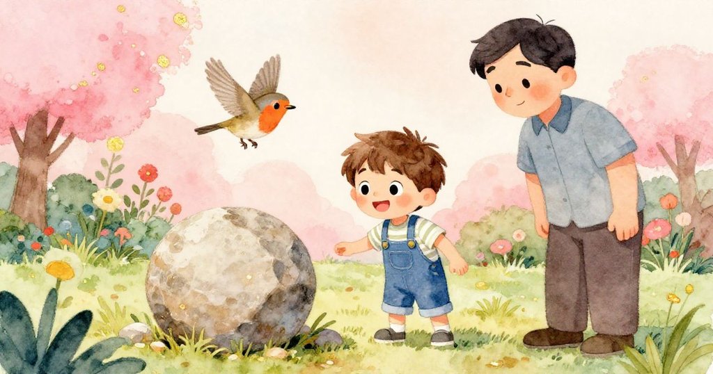 班恩看著石頭移位成功,臉上滿是喜悅,一隻知更鳥在花叢間飛舞,大人旁觀充滿欣慰。