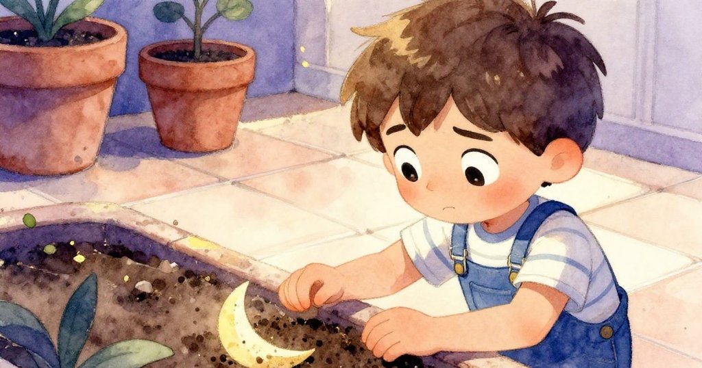 班恩細心檢視留在泥土中的月牙形淺色痕跡,臉上滿是自豪與和諧,背景有溫暖露台的陶瓷盆栽。